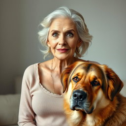A beautiful 75-year-old woman with a surprised expression, standing confidently and facing the camera directly