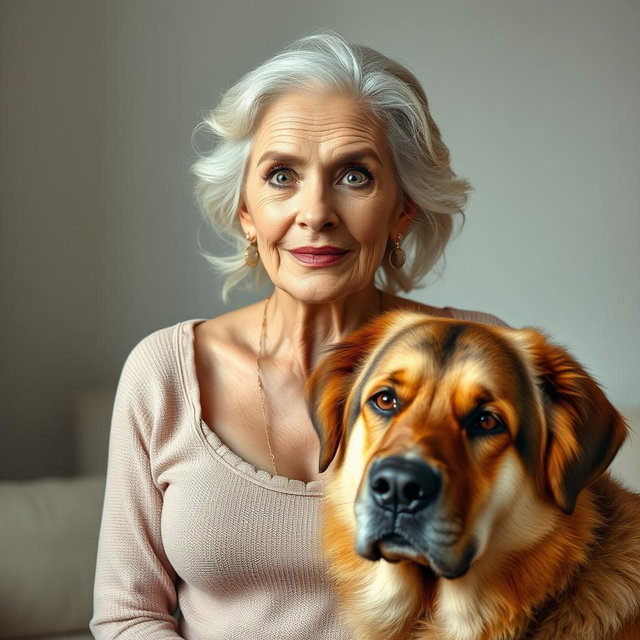 A beautiful 75-year-old woman with a surprised expression, standing confidently and facing the camera directly
