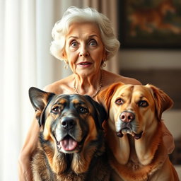 A beautiful 75-year-old woman with a surprised expression, standing confidently and facing the camera directly