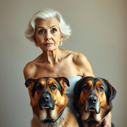 A beautiful 75-year-old woman with a surprised expression, standing confidently and facing the camera directly