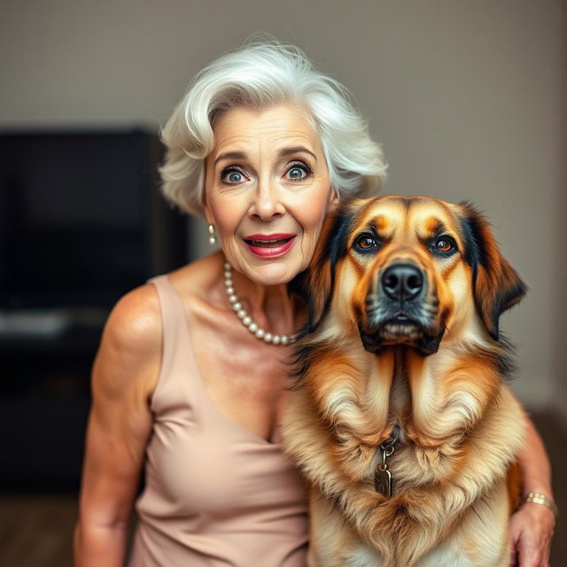 A beautiful 75-year-old woman with a surprised expression, standing confidently and facing the camera directly