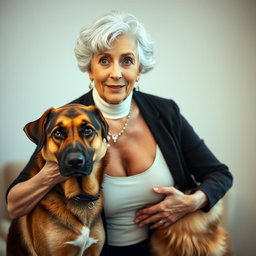 A beautiful 75-year-old woman with a surprised expression, standing confidently and facing the camera directly