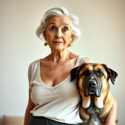A beautiful 75-year-old woman with a surprised expression, standing confidently and facing the camera directly