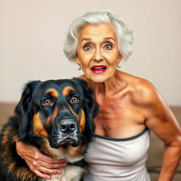 A beautiful 75-year-old woman with a surprised expression, standing confidently and facing the camera directly