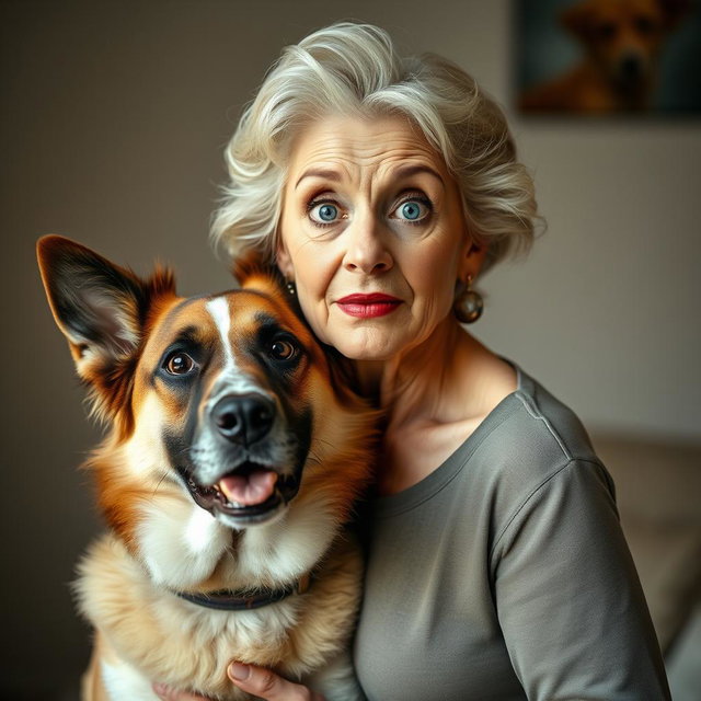 A beautiful 75-year-old woman with a surprised expression, standing confidently and facing the camera directly