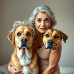 A stunning 75-year-old woman with an expression of surprise, standing front-facing and looking directly at the camera