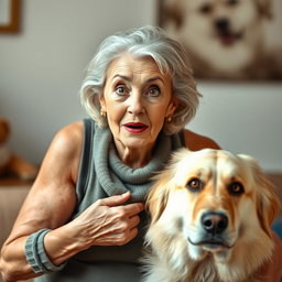 A stunning 75-year-old woman with an expression of surprise, standing front-facing and looking directly at the camera
