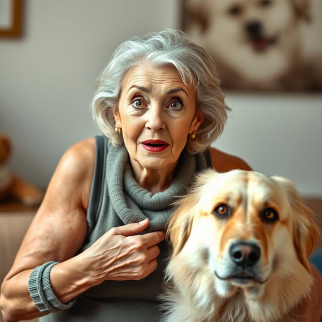 A stunning 75-year-old woman with an expression of surprise, standing front-facing and looking directly at the camera