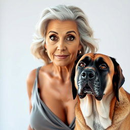 A stunning 75-year-old woman with an expression of surprise, standing front-facing and looking directly at the camera