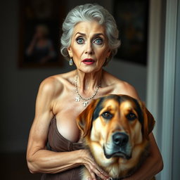 A stunning 75-year-old woman with a surprised expression, standing directly in front of the camera and looking at it with a captivating gaze