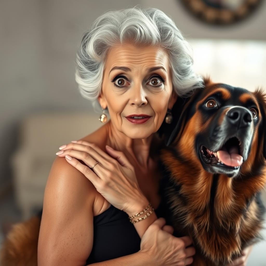 A stunning 75-year-old woman with a surprised expression, standing directly in front of the camera and looking at it with a captivating gaze