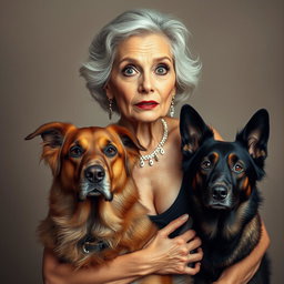 A stunning 75-year-old woman with a surprised expression, standing directly in front of the camera and looking at it with a captivating gaze