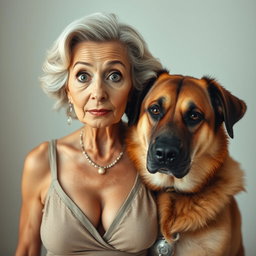 A stunning 75-year-old woman with a surprised expression, standing directly in front of the camera and looking at it with a captivating gaze