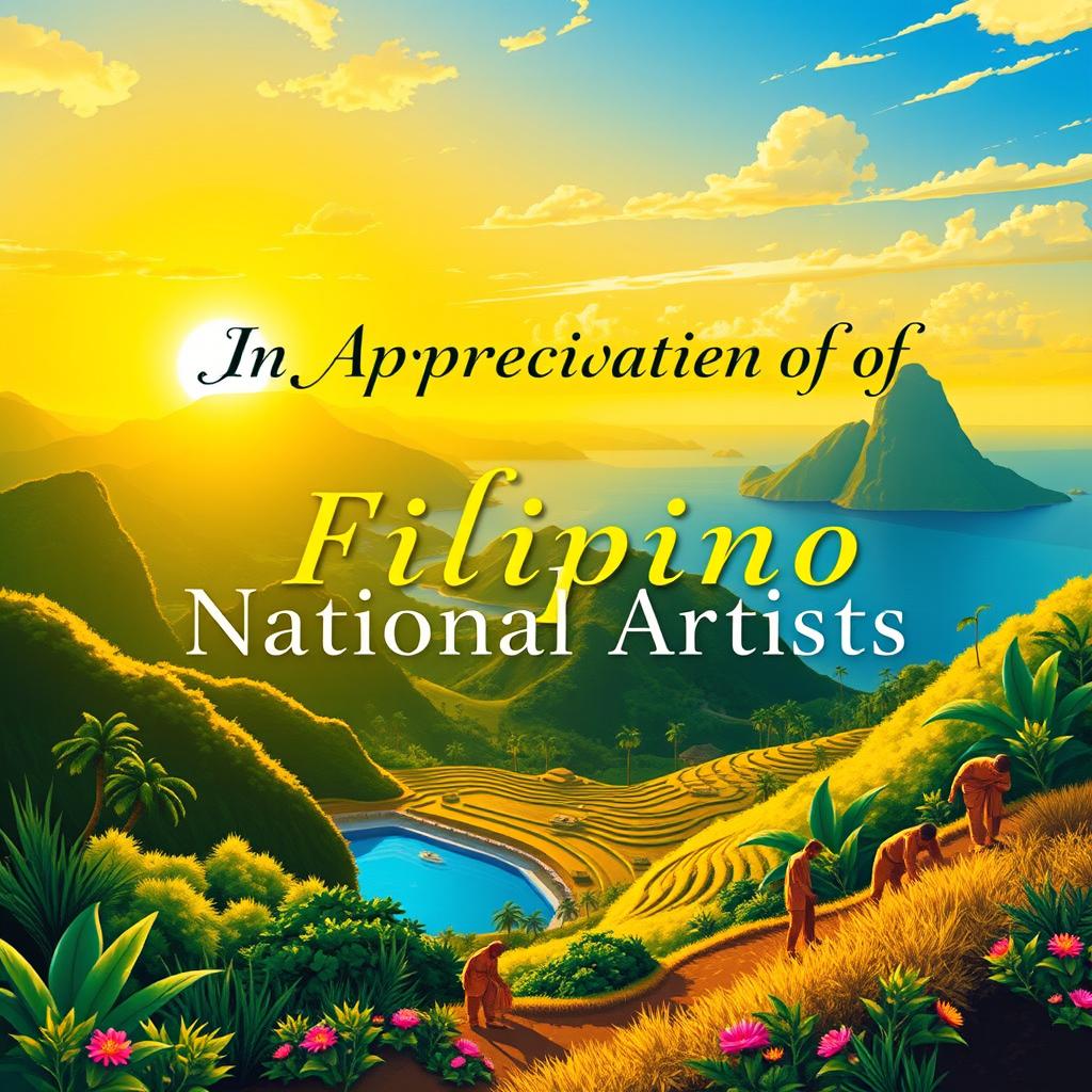 A stunning and vibrant poster honoring Filipino national artists, featuring a captivating landscape that embodies the beauty of the Philippines
