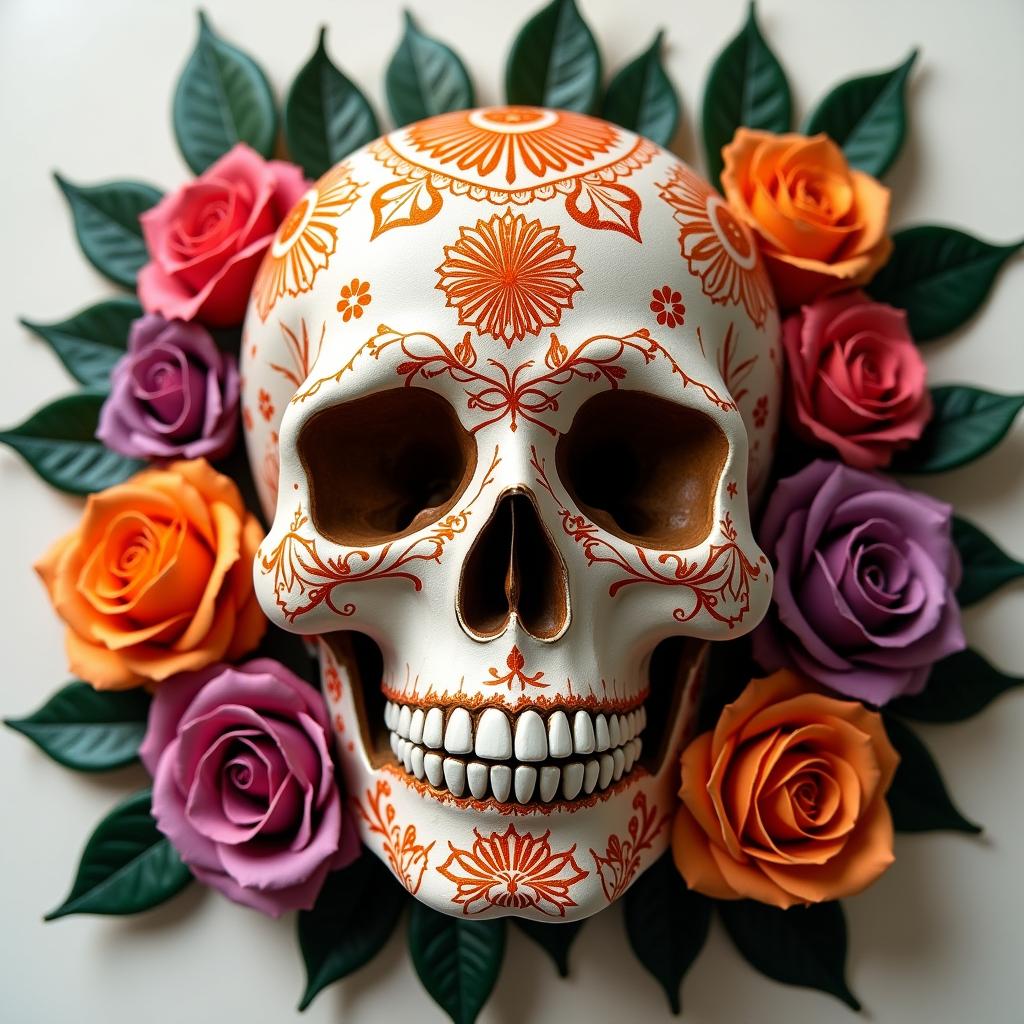 A highly detailed sugar skull adorned with intricate orange floral patterns and symmetrical decorative engravings, positioned centrally