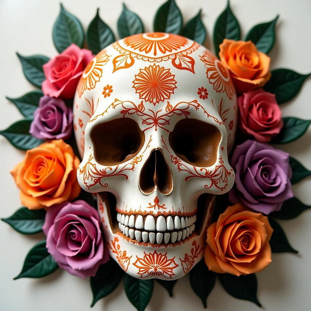 A highly detailed sugar skull adorned with intricate orange floral patterns and symmetrical decorative engravings, positioned centrally