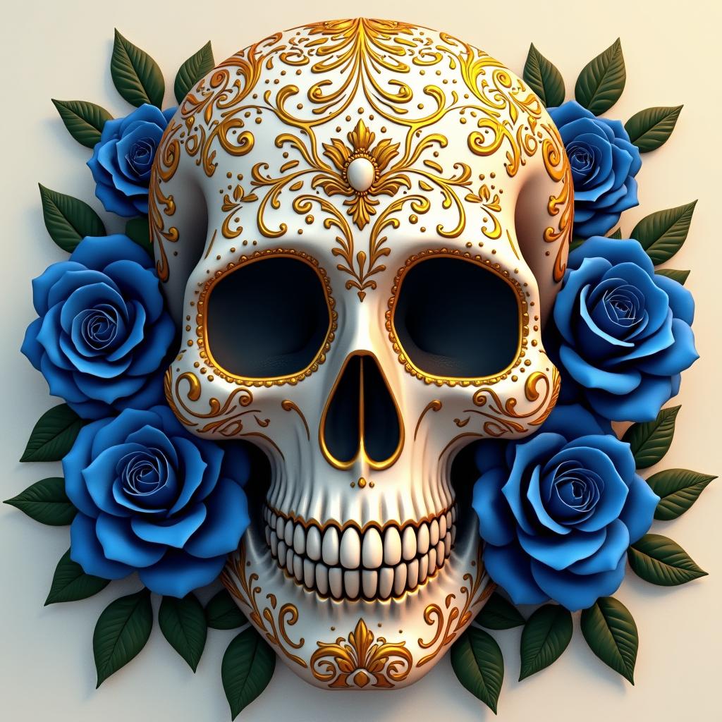 A highly detailed sugar skull adorned with intricate gold floral patterns and symmetrical decorative engravings, surrounded by lush roses in shades of deep blue, royal blue, and hints of gold