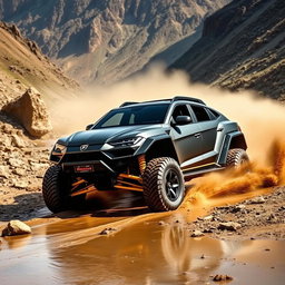 An exhilarating scene featuring a matte black off-road vehicle with wide tires, designed in the style of a Lamborghini Urus, specifically built to compete in the Dakar Rally