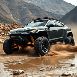 An exhilarating scene featuring a matte black off-road vehicle with wide tires, designed in the style of a Lamborghini Urus, specifically built to compete in the Dakar Rally