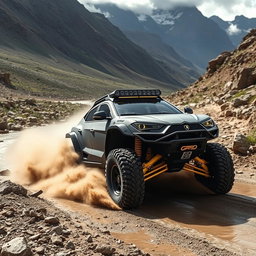 An exhilarating scene featuring a matte black off-road vehicle with wide tires, designed in the style of a Lamborghini Urus, specifically built to compete in the Dakar Rally