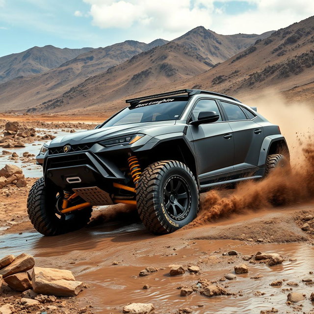 An exhilarating scene featuring a matte black off-road vehicle with wide tires, designed in the style of a Lamborghini Urus, specifically built to compete in the Dakar Rally