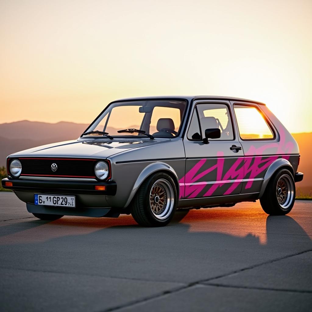 An old Volkswagen Golf 4 GTI in Daytona grey, featuring vibrant pink racing graphics on the sides