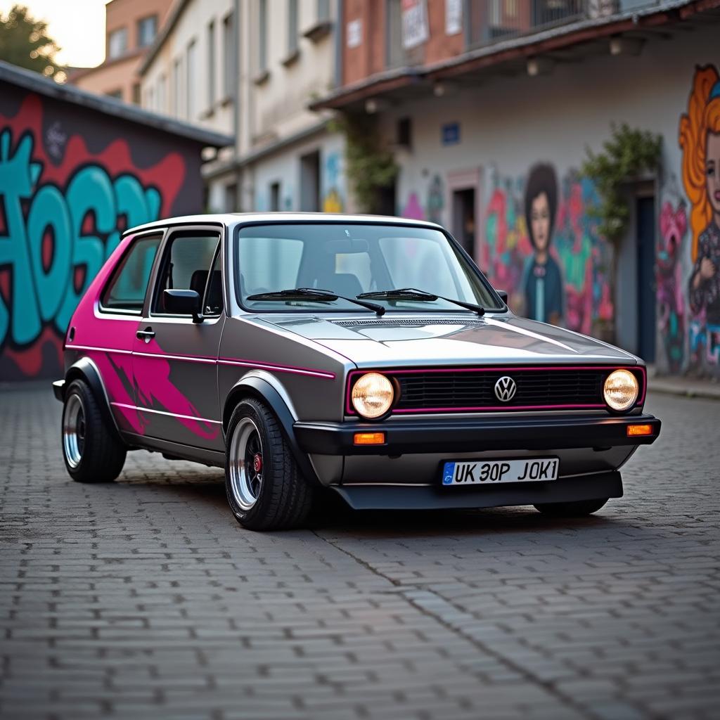 A classic gray Volkswagen Golf IV GTI, featuring racing-style pink graphics and a sleek design