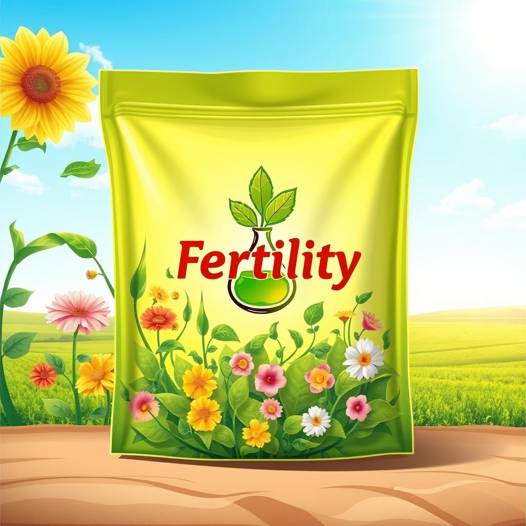A creative illustration of a chemical fertilizer product named 'Fertility' with an eye-catching logo