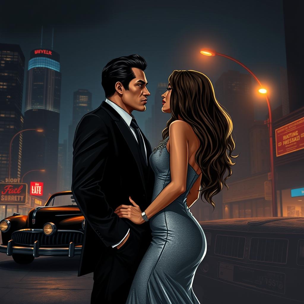 A thrilling mafia love story illustrated in a dramatic cityscape setting at night
