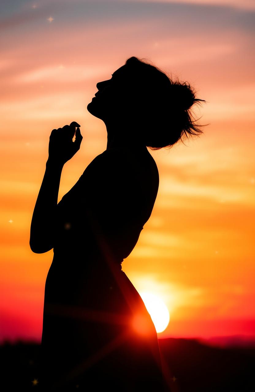 A stunning silhouette of a woman standing gracefully against a backdrop of a vibrant sunrise, surrounded by sparkling glitters that twinkle like stars