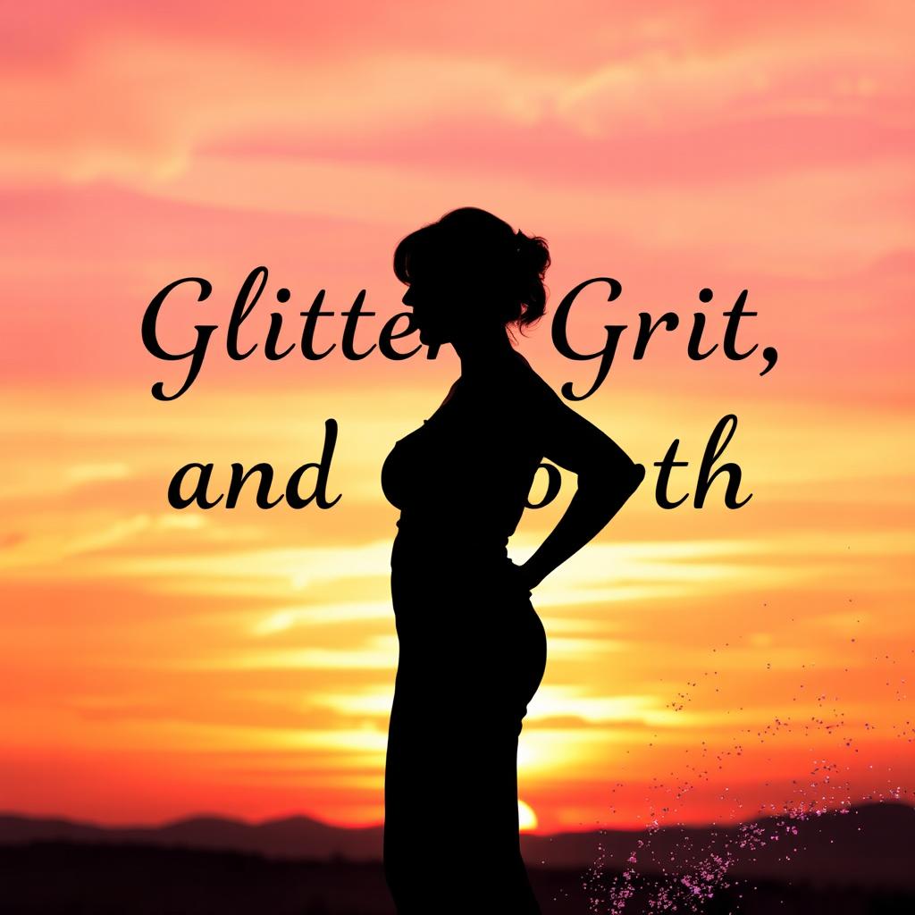 A striking silhouette of a woman standing confidently against the backdrop of a breathtaking sunrise, surrounded by glitters that shimmer and twinkle as they catch the morning light