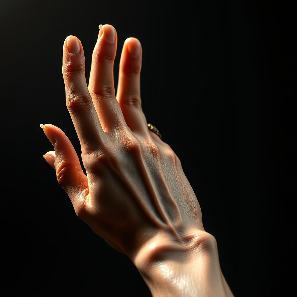 A highly detailed and realistic representation of a human hand, showcasing intricate details such as veins, fingernails, and texture of the skin
