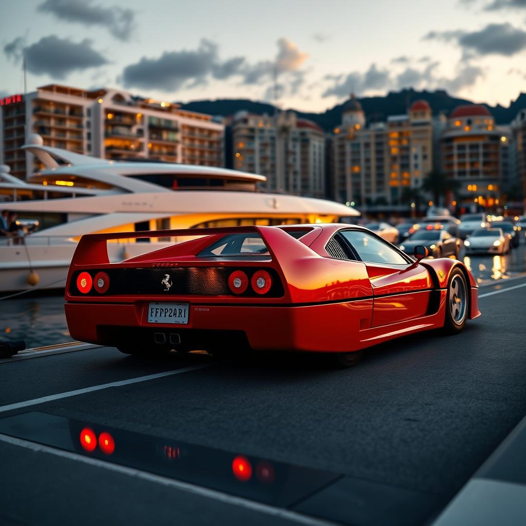 A stunning scene featuring a Ferrari F40 majestically positioned on a luxurious yacht docked at the bustling harbor of Monaco