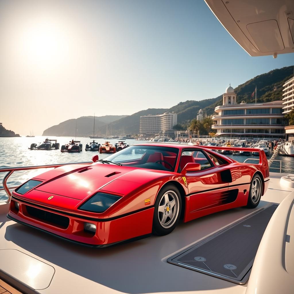 A stunning scene featuring a vivid red Ferrari F40 parked elegantly on a luxurious yacht in the picturesque port of Monaco