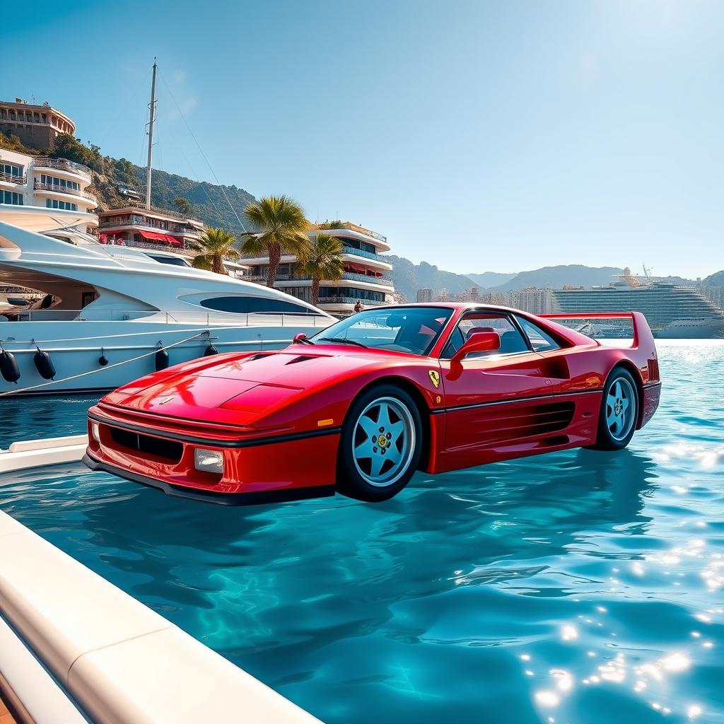 A stunning red Ferrari F40 parked on a luxurious yacht moored in the Monaco harbor, with the iconic Monte Carlo circuit visible in the background
