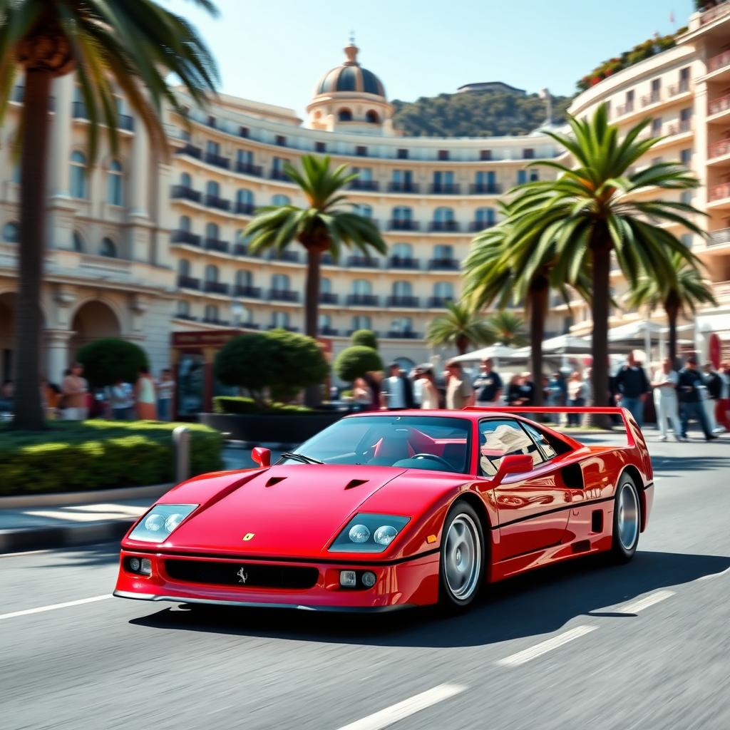 A stunning Ferrari F40 racing through the Casino de Monte Carlo curve in Monaco, showcasing its iconic tri-color red paint gleaming under the sun