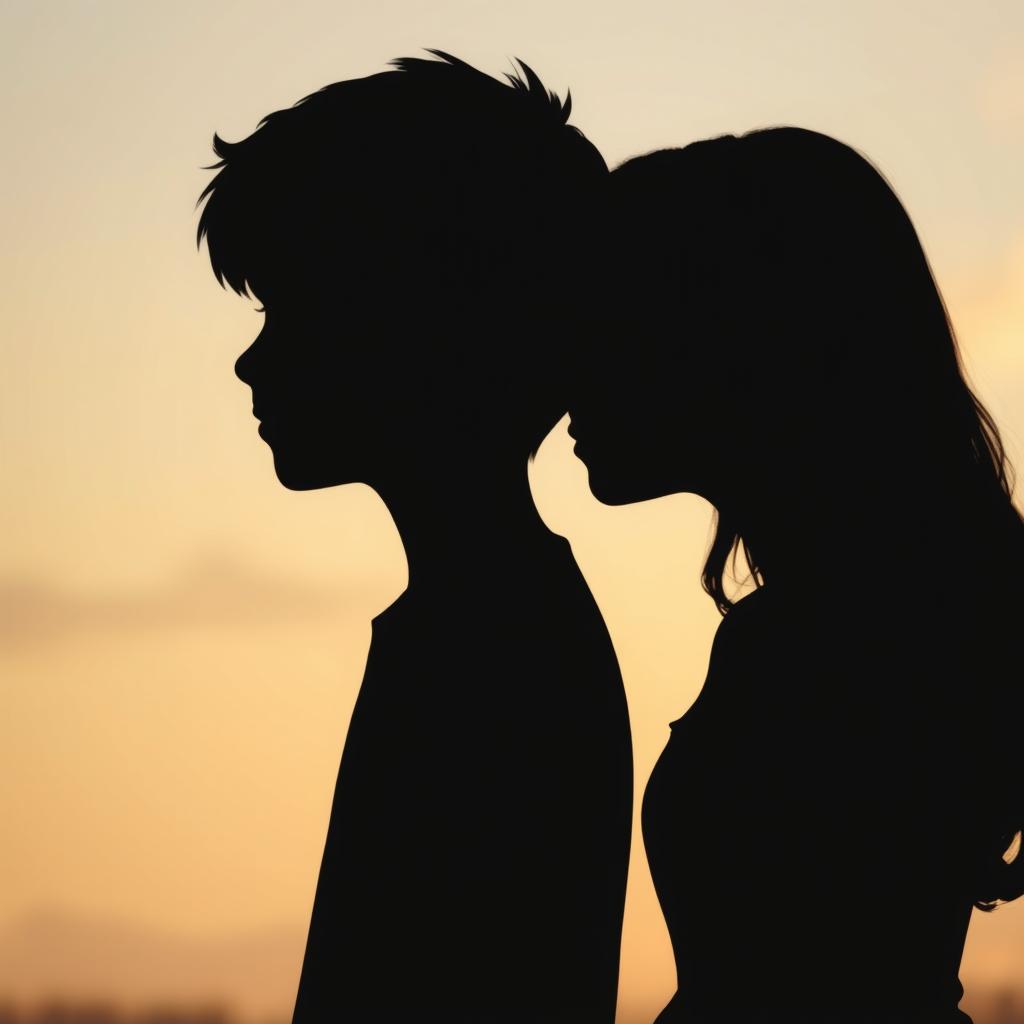 Silhouettes of an older boy and a girl, both around 17 years old, gazing at each other from a distance
