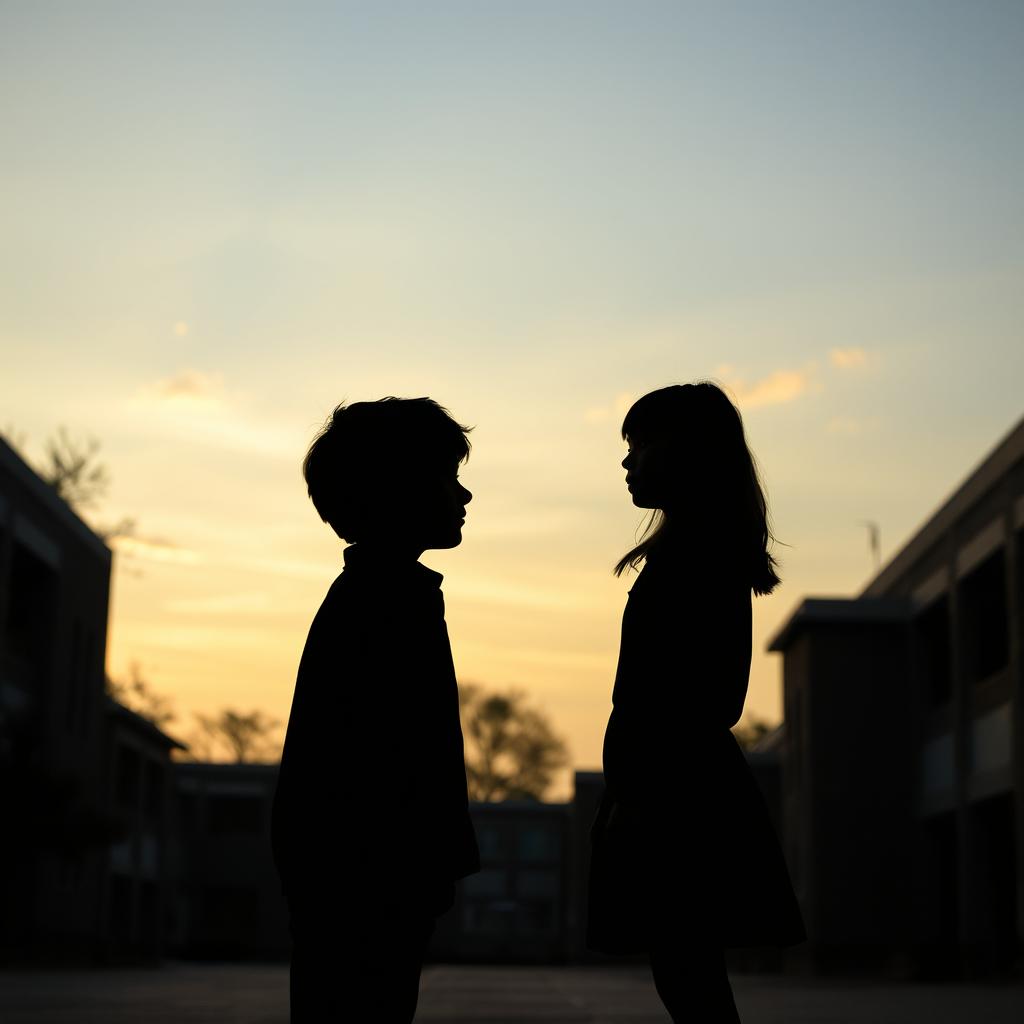 Silhouettes of an older boy and a girl looking at each other from a distance in the courtyards of an institute
