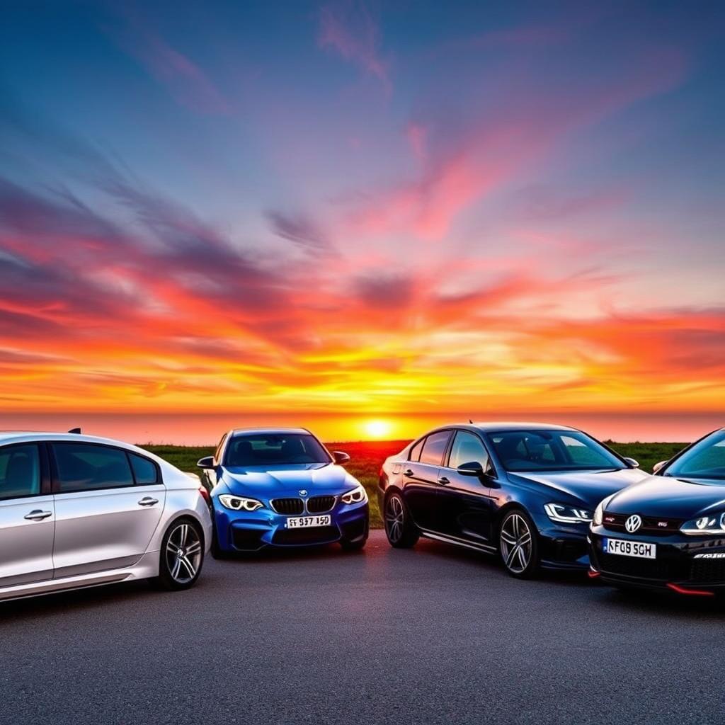 A stunning parallel view of four iconic cars: an Opel Astra G Bertone Turbo, a BMW M5 E60, a Mercedes-Benz GLE 63 AMG 2016, and a Volkswagen Golf GTI MK4, all lined up against the backdrop of a breathtaking sunset