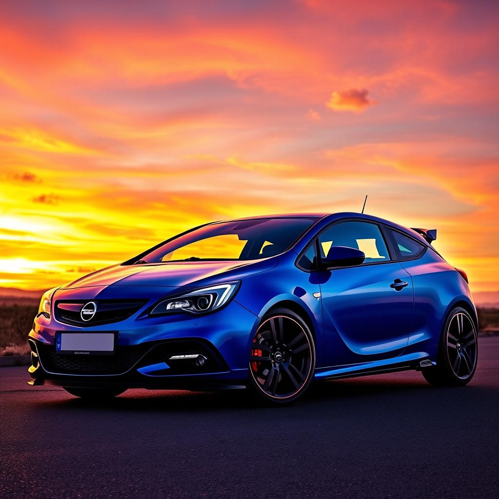 A stunning scene featuring a blue Opel Astra G Bertone Turbo OPC parked gracefully against a backdrop of a magnificent sunset