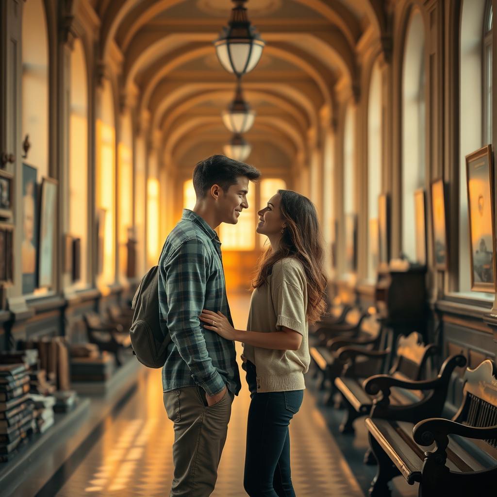 A nostalgic scene featuring a couple gazing into each other's eyes while standing in an elegant university hallway, filled with vintage architecture and warm golden light