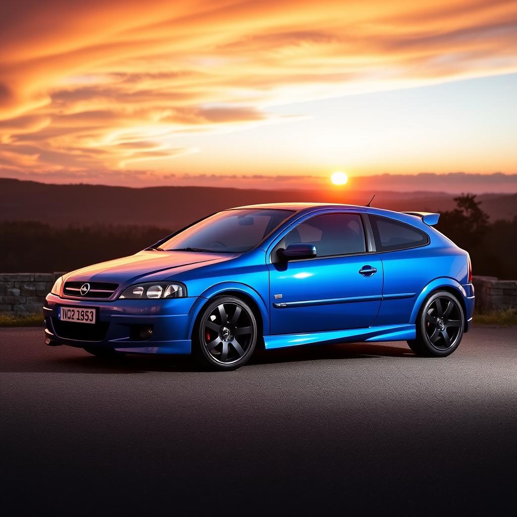 A stunning blue 2003 Opel Astra G Bertone Turbo OPC parked gracefully on a scenic overlook with a breathtaking sunset in the background
