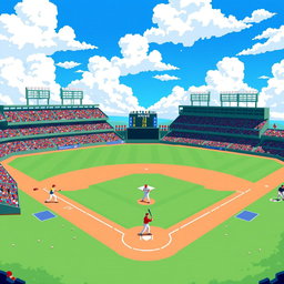 A vibrant and colorful pixel art scene depicting a baseball field with a bright blue sky, fluffy white clouds, and a large stadium filled with cheering fans
