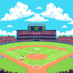 A vibrant and colorful pixel art scene depicting a baseball field with a bright blue sky, fluffy white clouds, and a large stadium filled with cheering fans