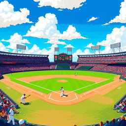 A vibrant and colorful pixel art scene depicting a baseball field with a bright blue sky, fluffy white clouds, and a large stadium filled with cheering fans