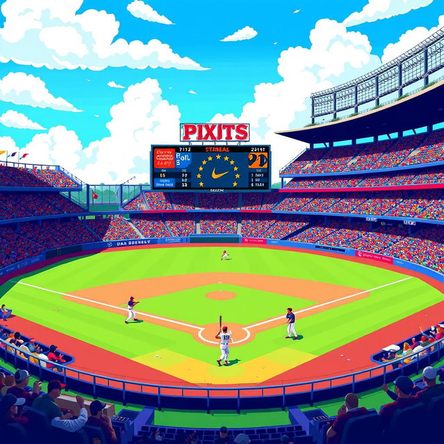 A vibrant and colorful pixel art scene depicting a baseball field with a bright blue sky, fluffy white clouds, and a large stadium filled with cheering fans