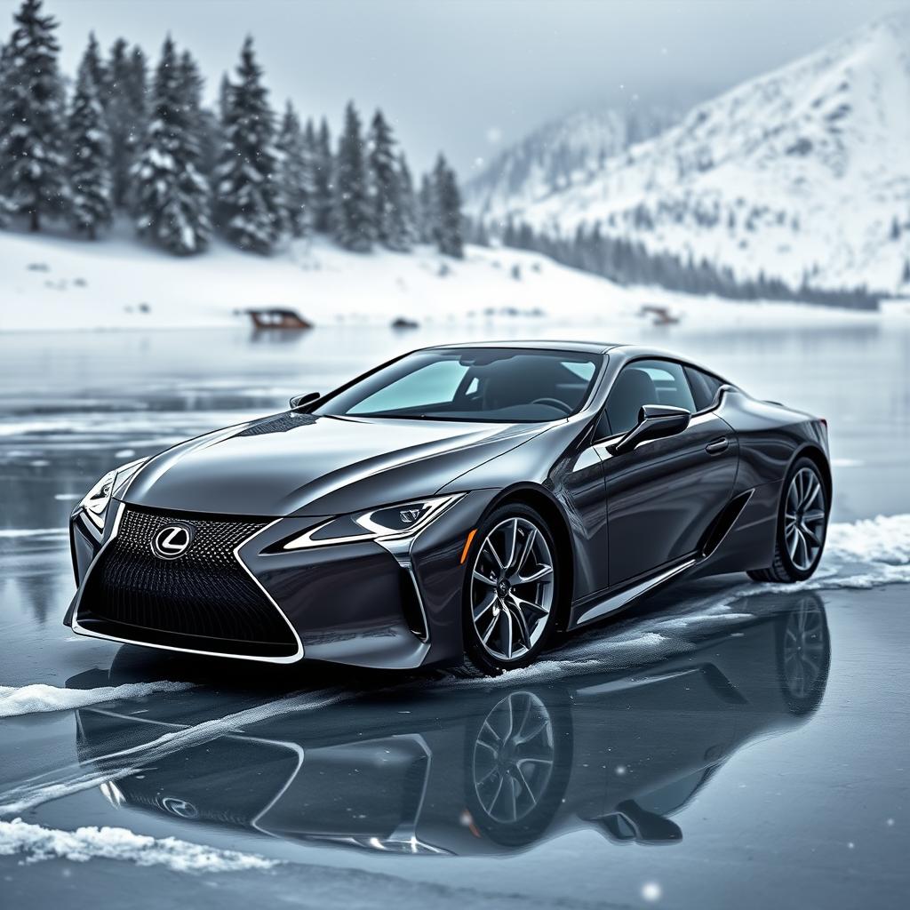 A stunning Lexus LC500 elegantly positioned on a frozen lake, surrounded by a winter wonderland