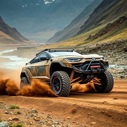 A rugged off-road vehicle resembling a Lamborghini Urus, fully equipped for competition, featuring wide tires and vibrant yellow suspension