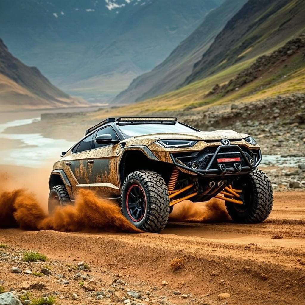 A rugged off-road vehicle resembling a Lamborghini Urus, fully equipped for competition, featuring wide tires and vibrant yellow suspension