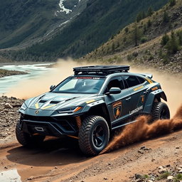 A rugged off-road vehicle resembling a Lamborghini Urus, fully equipped for competition, featuring wide tires and vibrant yellow suspension